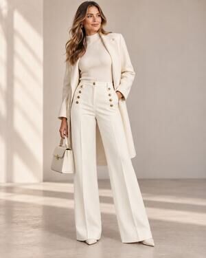 Iris Setlakwe S23TL4410 Ivory Sailor Wide Leg Twill Pants Gold Button Size 6